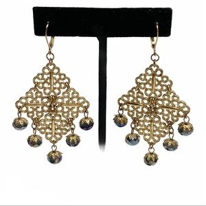 Gold tone open work panel iridescent gun metal bead large earrings lever back